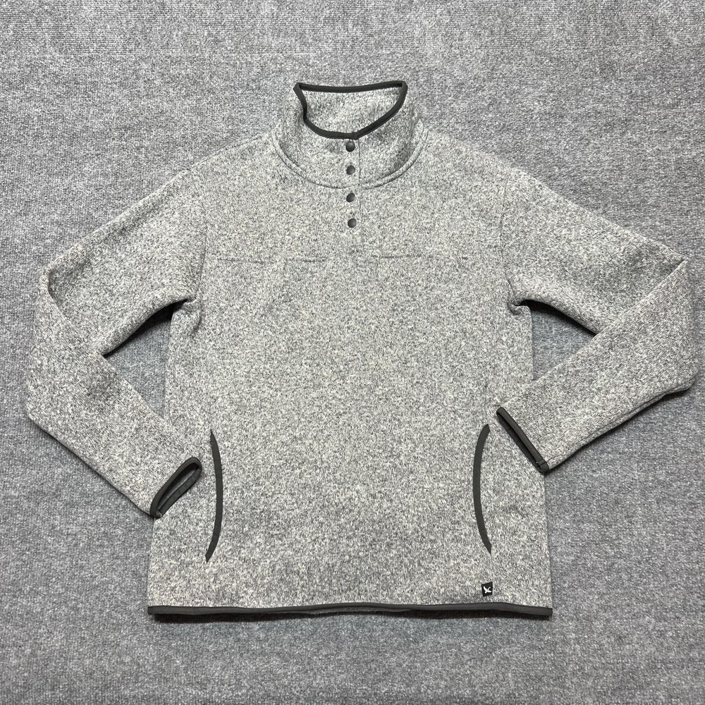 Eddie Bauer Sweater Womens Medium Gray Fleece Snap Mock Neck Pullover Pockets